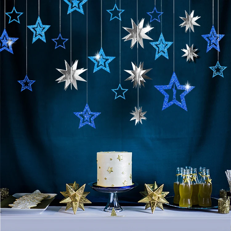 Мерцающие синие серебряные бумажные гирлянды со звездами настенные полые