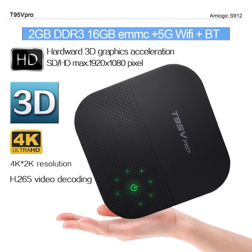T95V Pro Android TV Box 7.1 Amlogic S912 Восьмиядерный 2 ГБ 16 KD 2.4 г/5 г WI FI BT 4.0 4 К H.265 VP9 HDR плеер|octa-core tv
