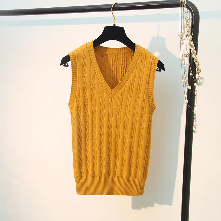 Korean Wool Sweater Vest Spring Autumn Women V-Neck Knitted Female Casual Tank tops Tees Sleeveless Twist Knit Pullovers | Женская