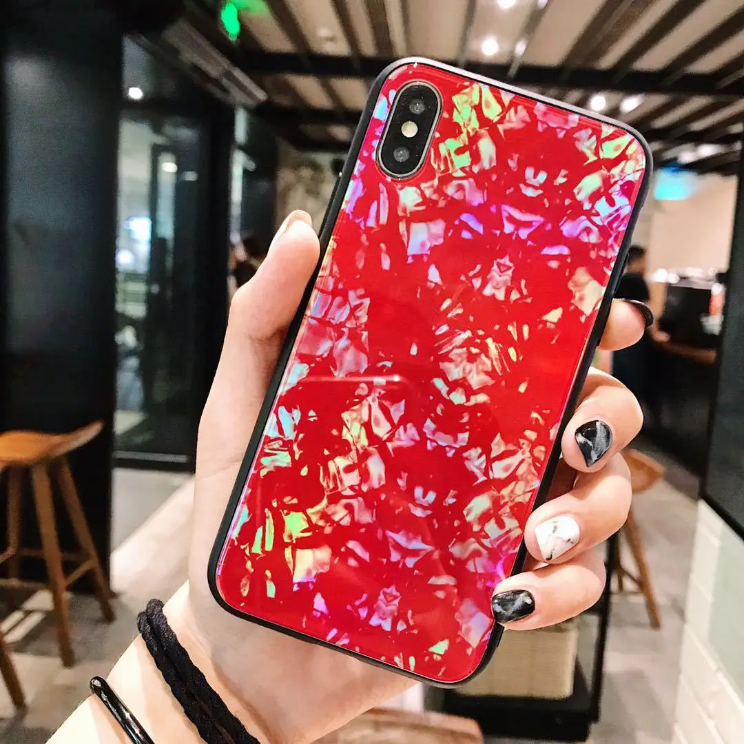 Luxury laser Tempered Glass aurora Colorful TPU case for iphone 7 plus 8 6/6s Scratchproof X cover |