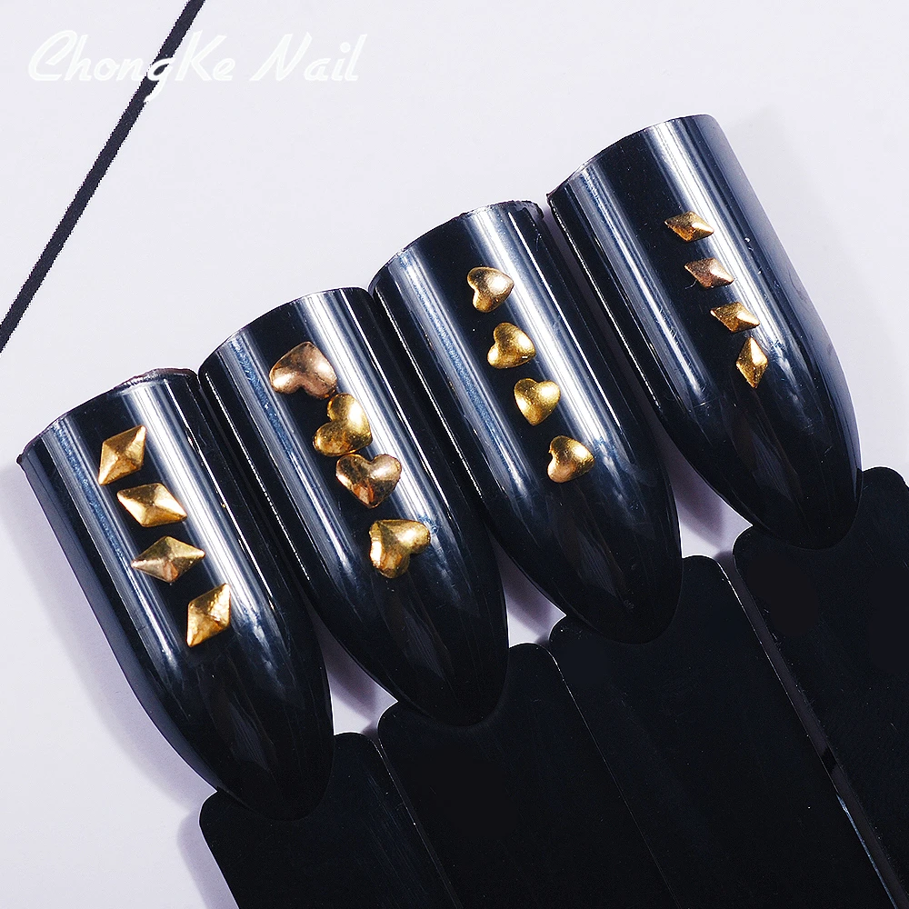500pcs/Pack 3D Golden Glossy Rhombus Heart-shaped Rivet Nail Studs DIY Metal Thin slice Manicure Decoration Accessories | Красота и