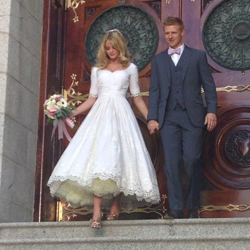 Дешевые короткие Свадебные Платья 2017 новый половина рукава аппликация кружева