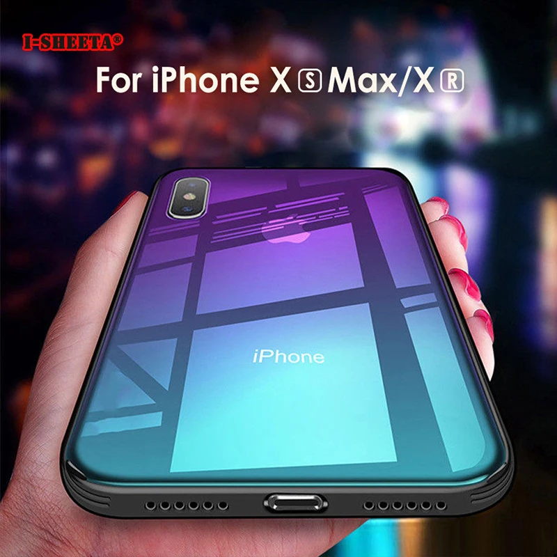For iPhone XS Max XR X 2018 Half Transparent Clear 9H Tempered Glass Hard Back Soft TPU Bumper Blue Ray Gradient Color Cases |