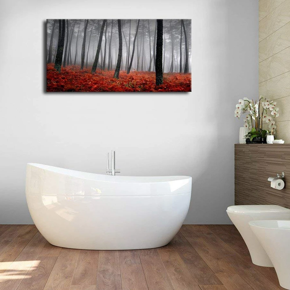 Холст настенное искусство лес туман с красными деревьями черно белые деревья