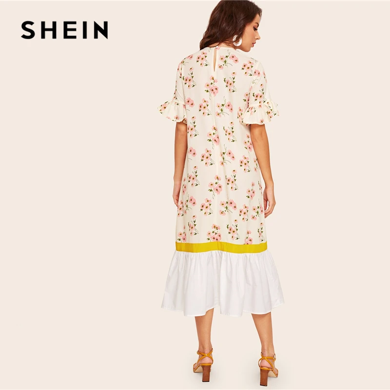 SHEIN платье с оборками, манжетами и подолом, с растительным принтом, женское белое платье с рукавами-воланами, Boho, летние платья на пуговицах