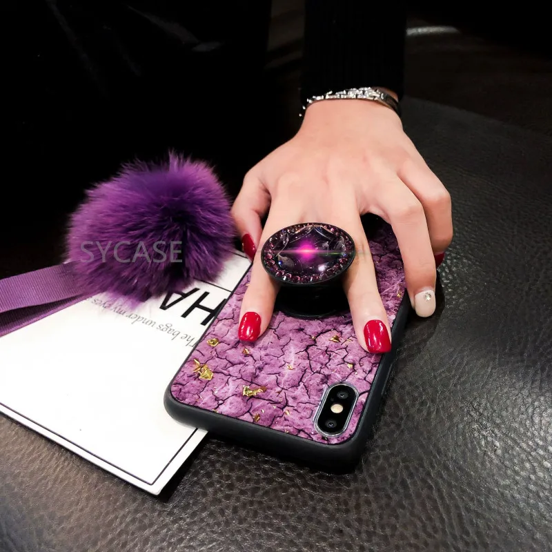 SYCASE Luxury Epoxy Fashion Green Pink phone case For iPhone X XR XS Max 6 6S 7 8Plus Rhinestone Stand Hair Ball Soft Cover |