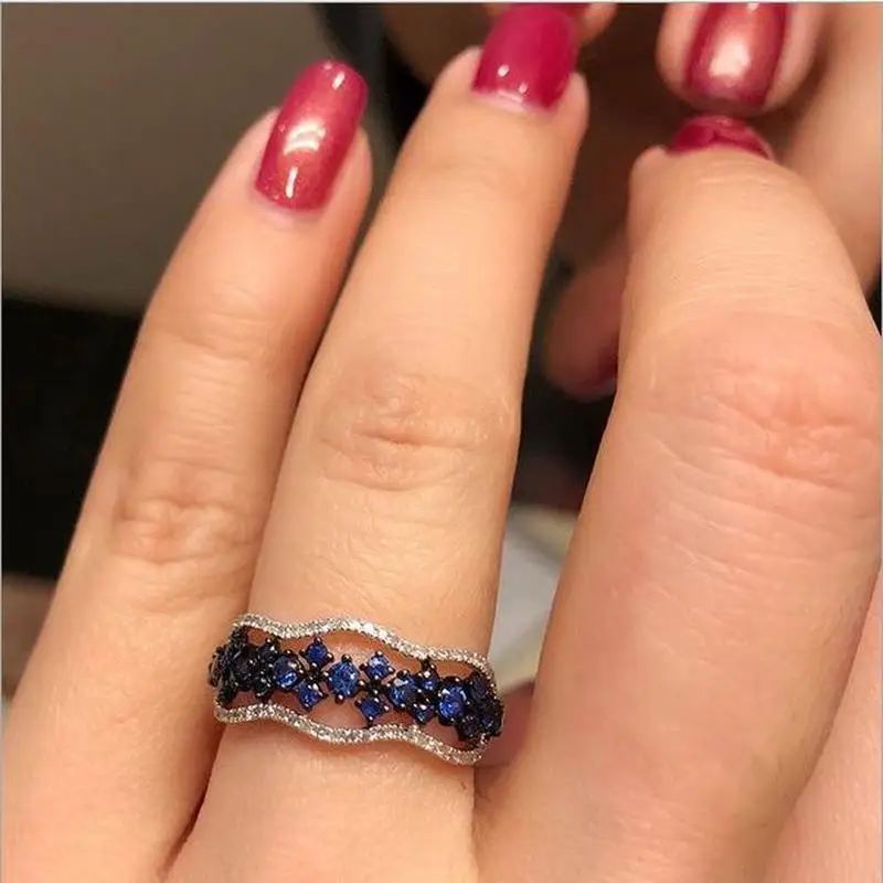 TJP Fashion Blue Crystal Flower Rings for Women Jewelry Trendy Silver Plated Lady Bridal Wedding Party Accessories Female Bijou | Украшения