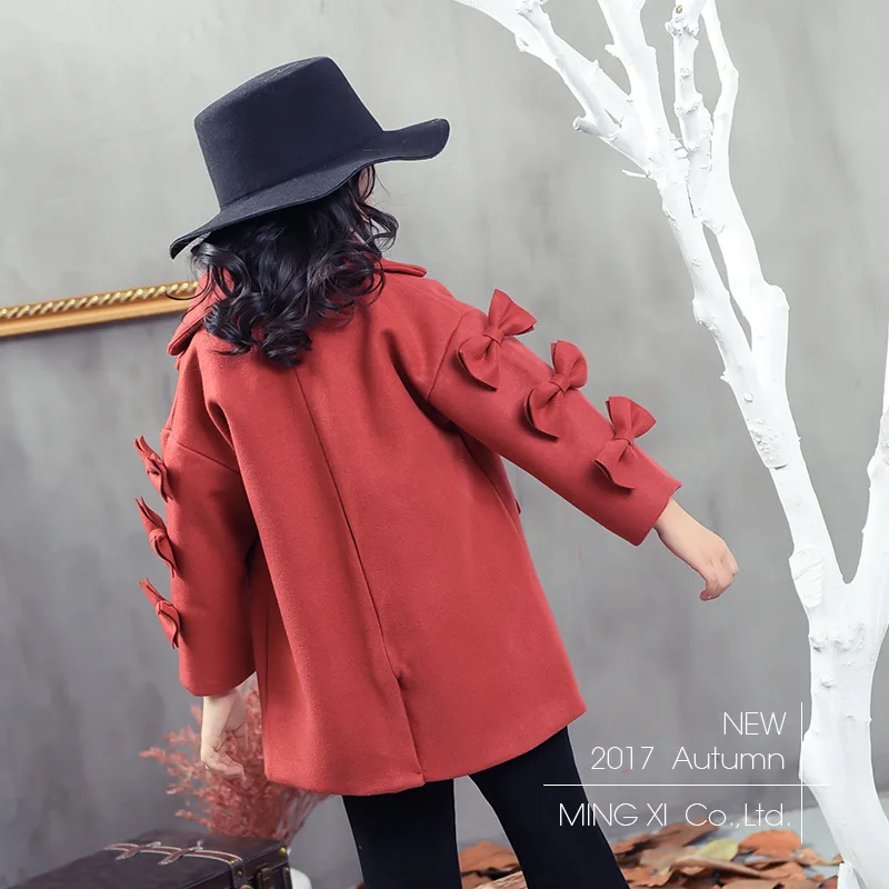 2017 новая Зимняя шерстяная куртка для девочек сплошной цветной лацкан пальто с