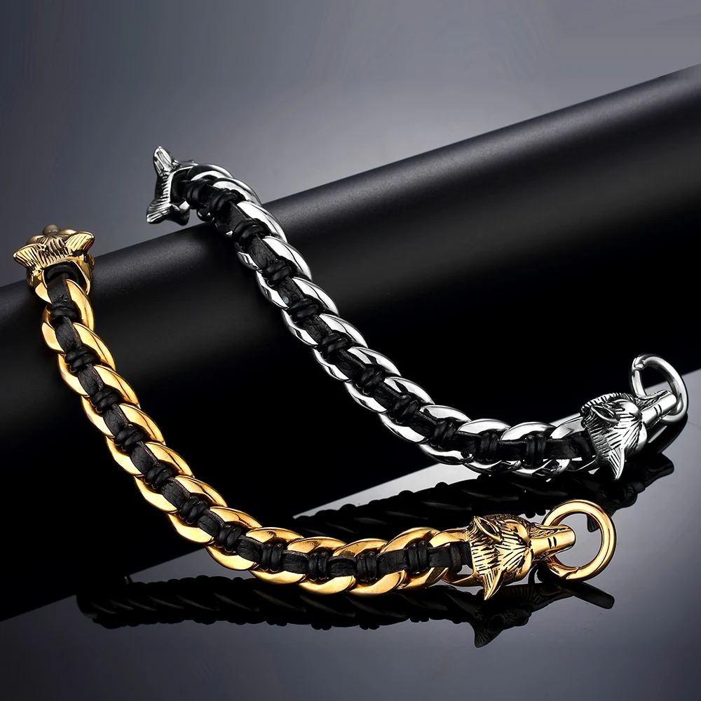 VPK 2019 new Wolf head leather woven titanium steel 316l bracelet Fashion Punk Rock hot sale Jewelry | Украшения и аксессуары