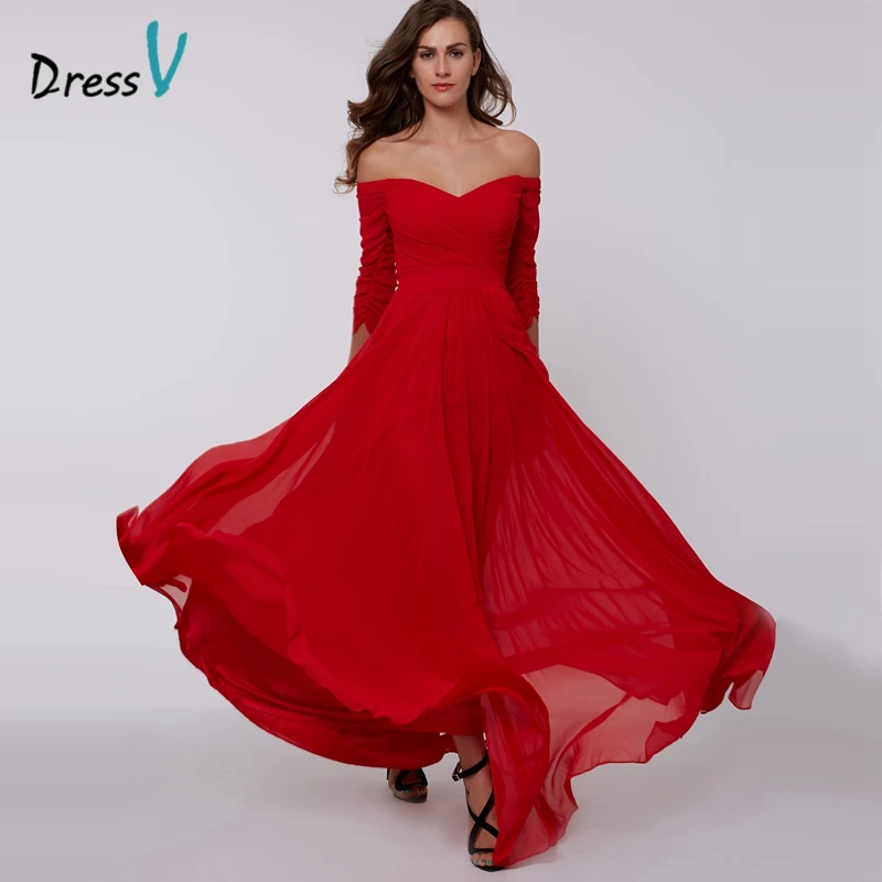 DressV Красное длинное вечернее платье А силуэта недорогое шифоновое с вырезом на