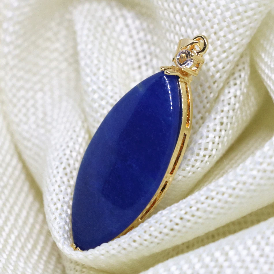Wholesale Women Oval Drop Pendant Blue Natural Stone Chalcedony Lapis Lazuli Fashion Elegant Gold-color Jewelry 18*38mm B1874 | Украшения и