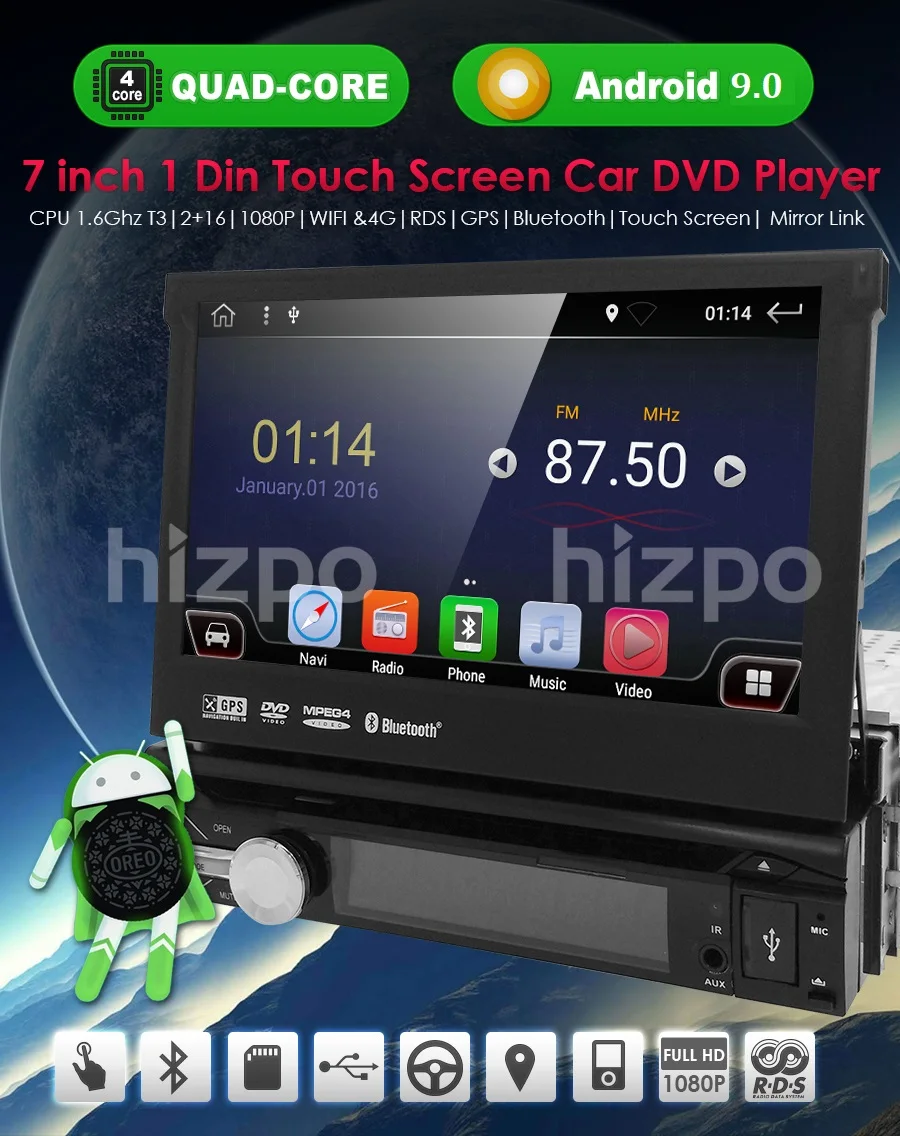 Один 1 Din " Android 9,0 gps флип автомобильный стерео радиоплеер сенсорный экран с USB SD 2 GRAM 4 GWIFI BT SWC RDS DVR dab DVBT MirrorLink