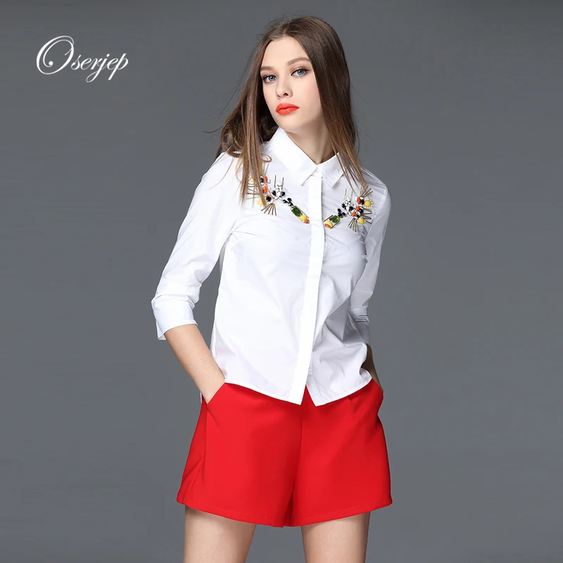 100% Хлопок 2016 Oserjep Лето Женщины Белая Кофточки 7 Очков рукавом Выключите Воротник