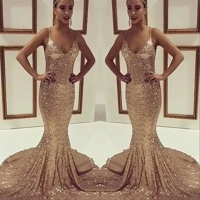 

2020 Sparkling Sequined Rose Gold Evening Dress Spaghetti Strap Backless Vestido De Fiesta Sexy Sequined Party Dress Custom Made