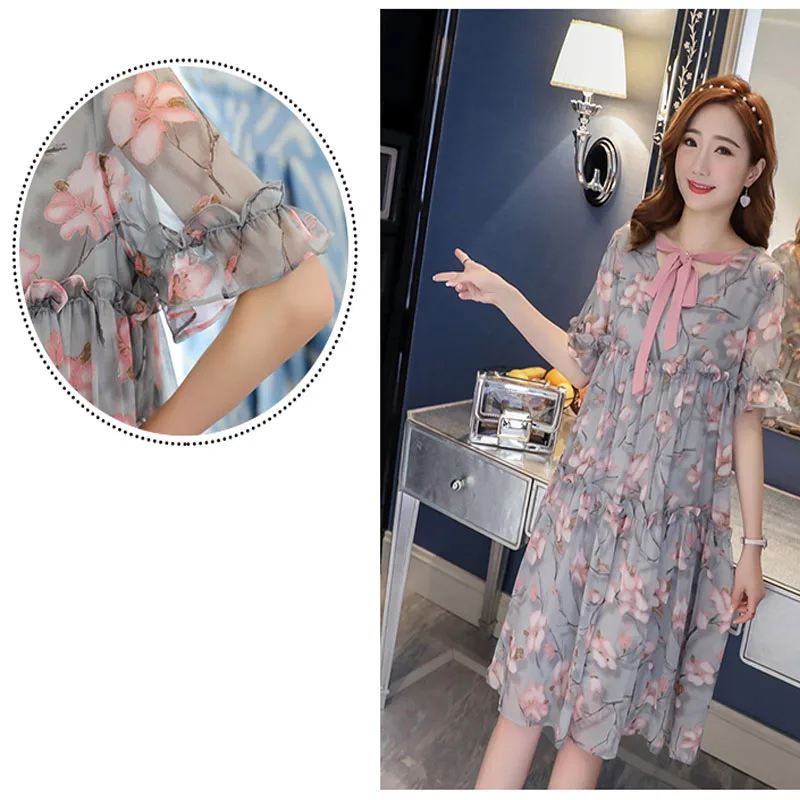 

Summer Chiffon Print Maternity Dress For Pregnant Women Clothing Fashion Skirt Pregnancy Clothes with pleated skir