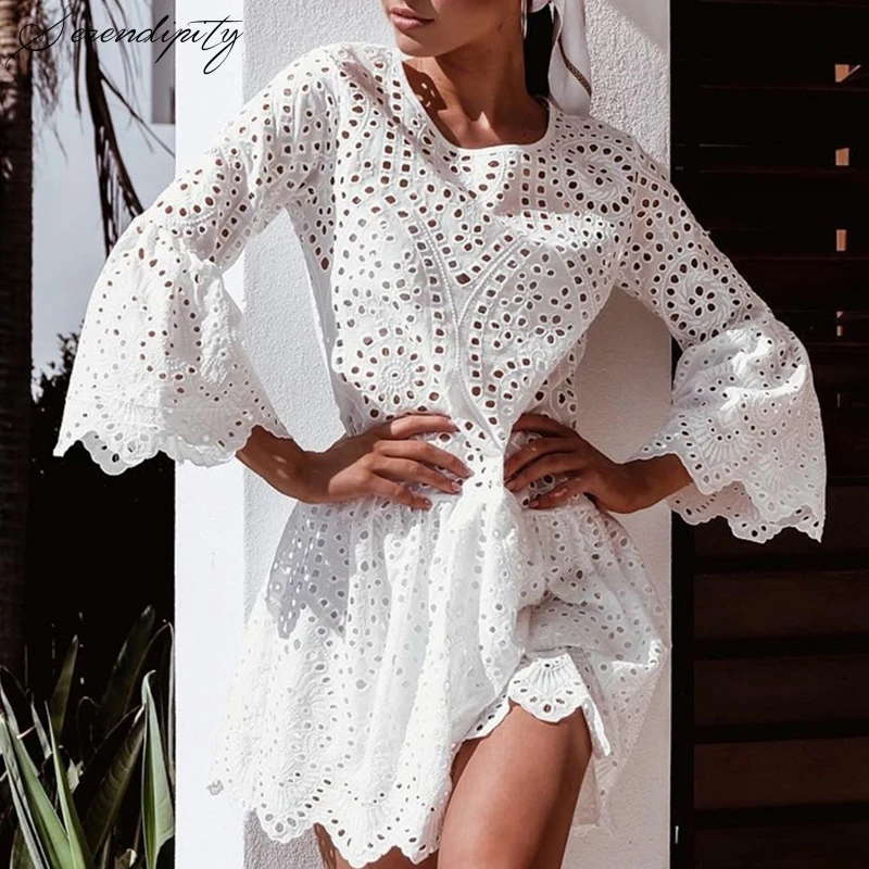 Женское платье с кружевными отверстиями SRDP белое элегантное пляжное