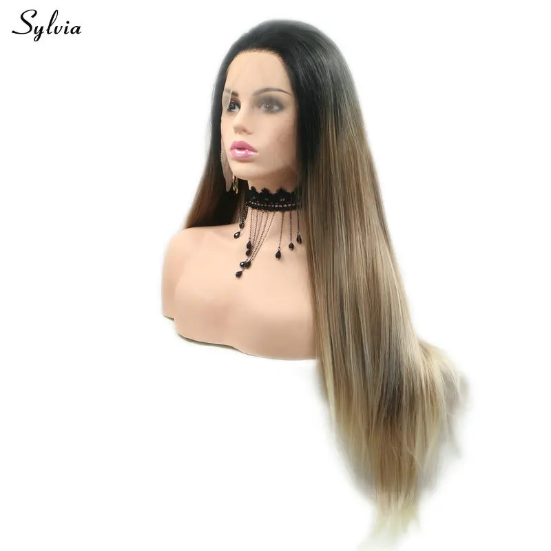 Sylvia прямой коричневый парик с кружевом спереди синтетические волосы длинные