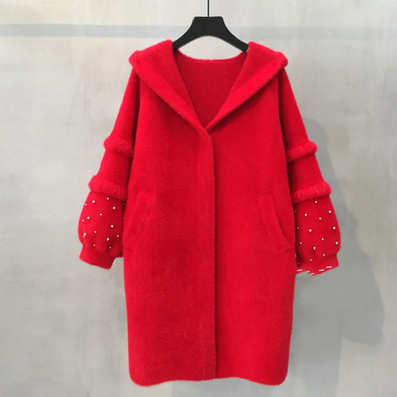 Autumn winter Velvet Hooded Cardigan Sweater Women Medium Long Loose Jacket Sleeve knitting Beading Feminine coat SS20 |