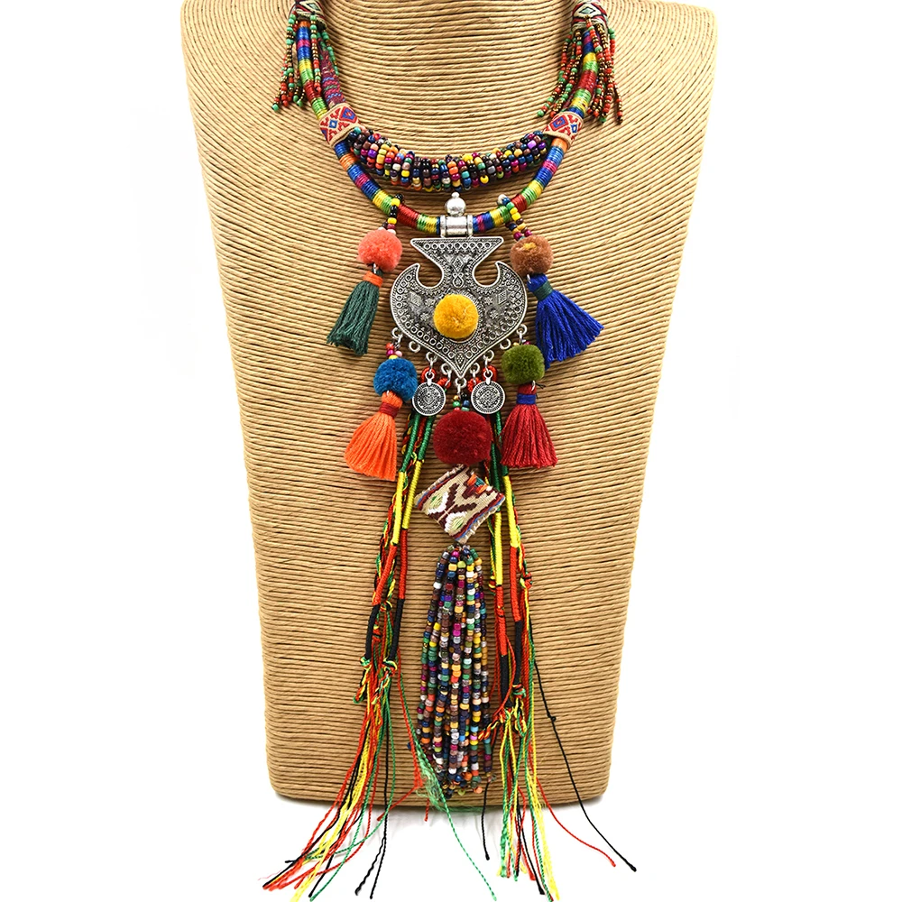 

New Bohemian boho ethnic beaded tassel choker Necklace handmade colorful beads long fringe Pendants statement Necklace