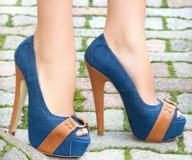 

Fashion Denim Platform Sandals Women Buckle Peep Toe Gladiator Dress Sandals Shoes Sexy Thin Heel Party Pumps Shoes