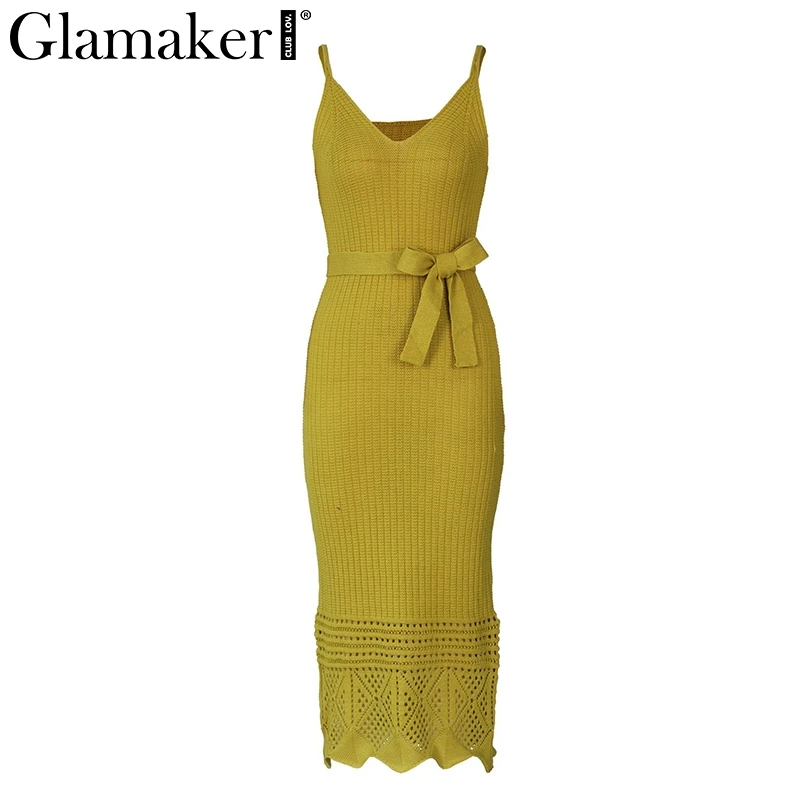 Yellow green Glamaker, вязаный крючком ремень, v-образный вырез, сарафан, женское, летнее, элегантное, на шнуровке, с поясом, бодикон, праздничное, макси платье, женская уличная одежда, сексуальное платье - Цвет: Yellow green