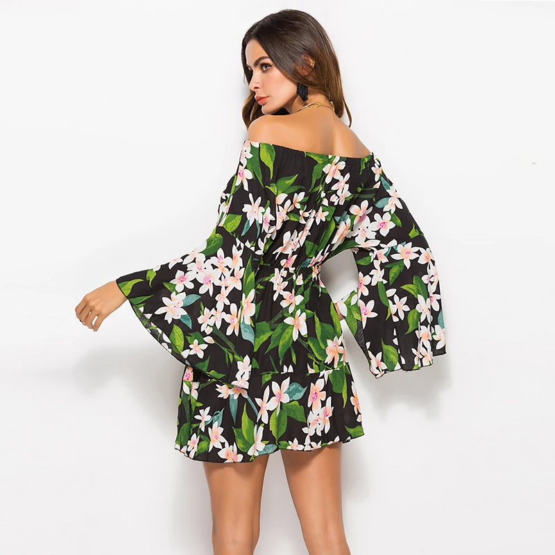 Лето Boho пляж цветочные Сексуальная Мини женское платье с открытыми плечами