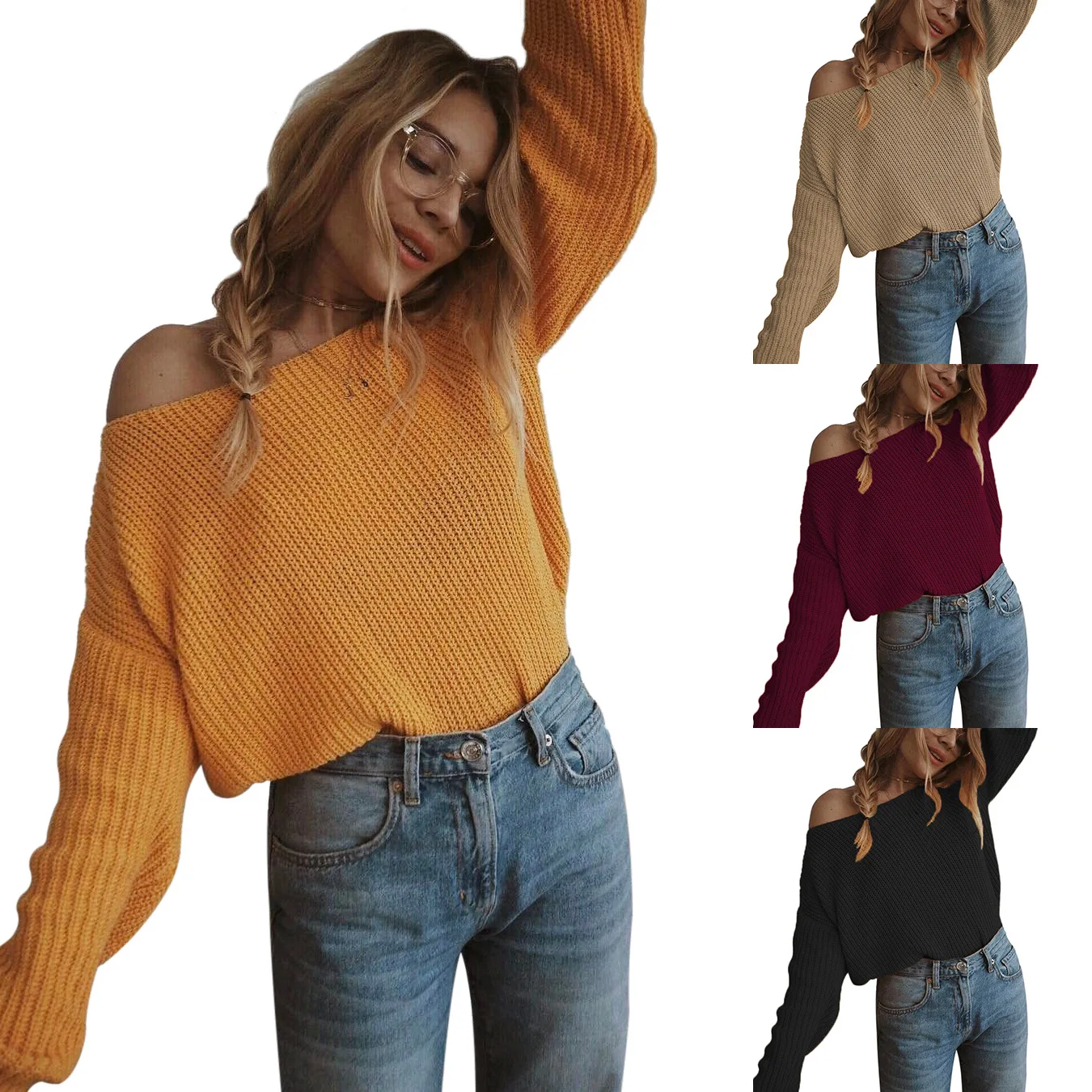 off shoulder pullover womens sweater knitted women long sleeve loose jumpers oversized pull femme plus size 5XL | Женская одежда