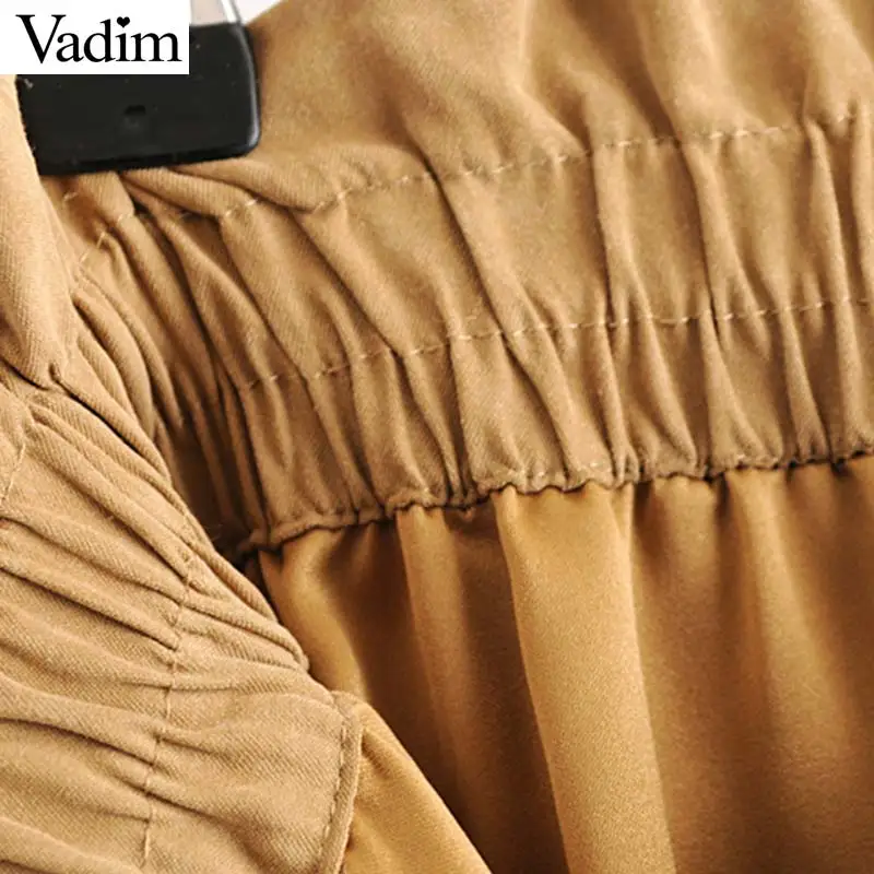 Vadim women retro brown mid calf skirt faldas mujer elastic waist drawstring tie pockets pleated female casual midi skirts BA488 | Женская