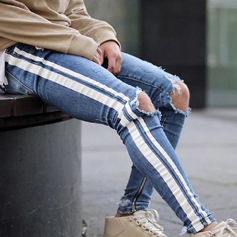 LAAMEI рваные джинсы для мужчин Slim Fit Хай-стрит брюки мужские с дыркой на колене