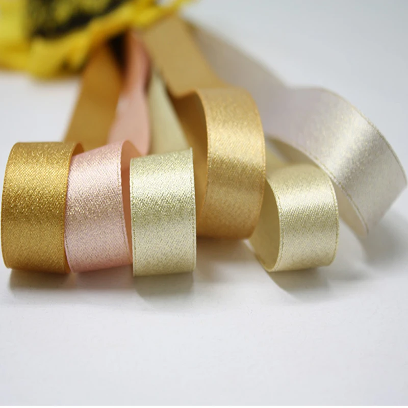 

16mm polyester solid color satin ribbon double sided glitter golden silk ribbon garment for decoration 20 yards