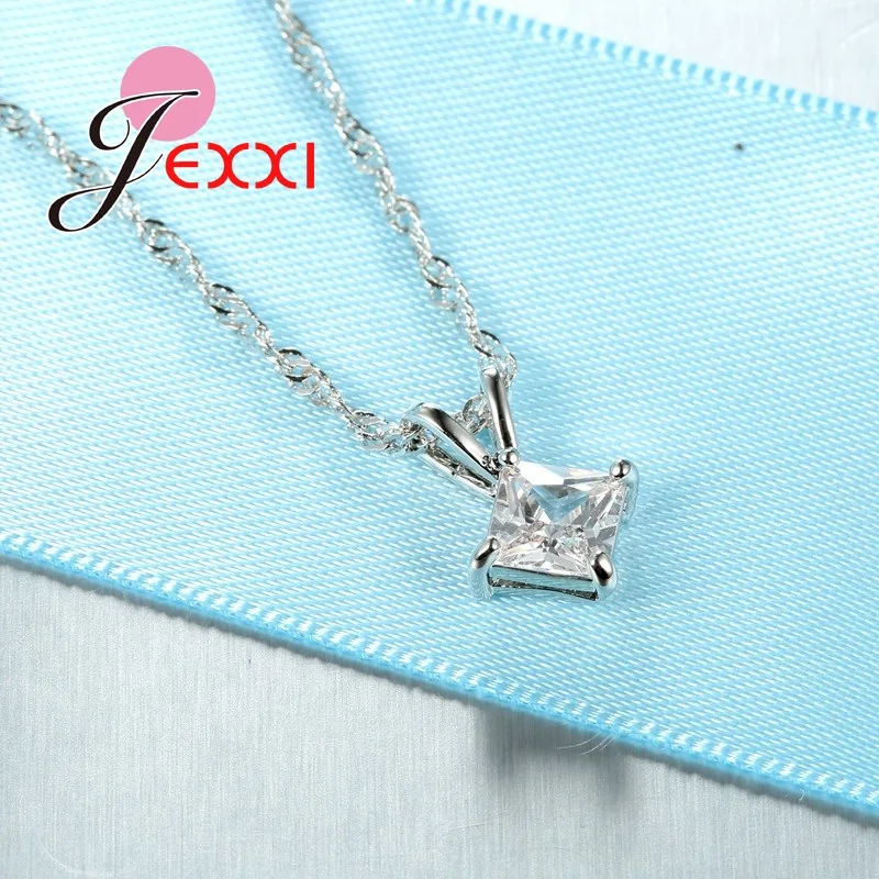 

Trendy Inlay 925 Sterling Silver Clear Austrian Zircon Crystal Necklace Square Box Pendant Chain