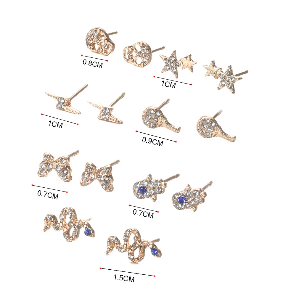 Набор сережек из 7 пар: Бохо-кристаллы, звезды, бабочки, ключи, черепа, руки, змеи. Женские панк-серьги-шпильки с индивидуальностью для вечеринки, ювелирные украшения в подарок.