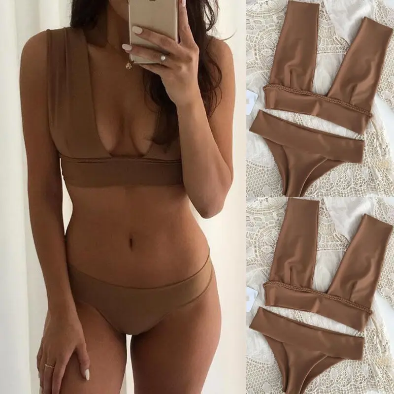 2018 Women High Waist Solid Colors Bikini Set Swimwear Push-Up Backless Swimsuit Bathing Beachwear Tankini Mayo | Спорт и