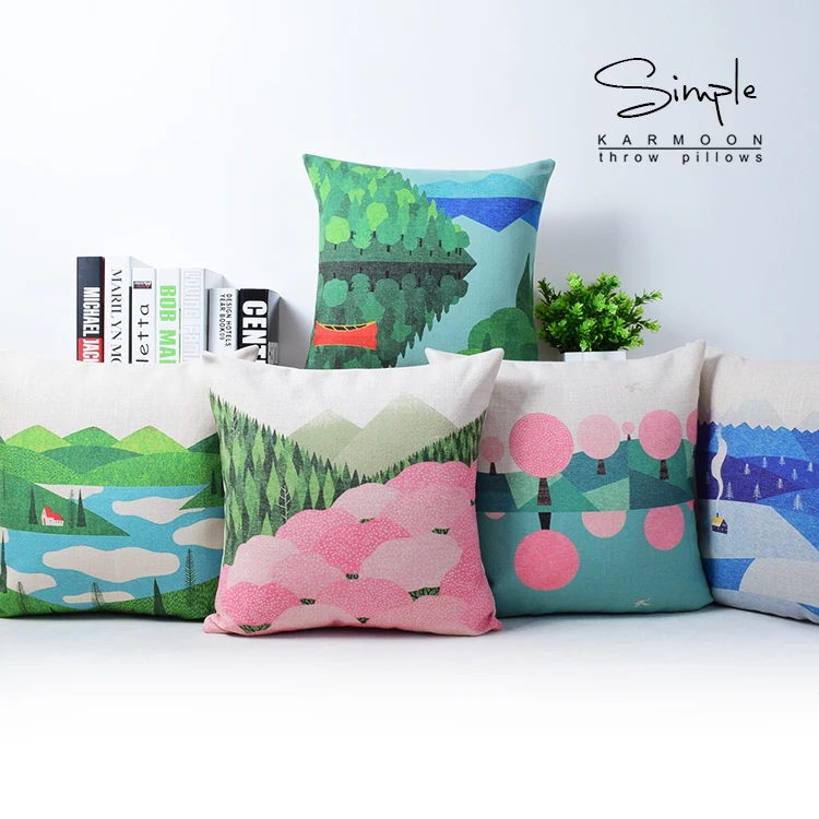 Весенняя наволочка для подушки декоративная с зелеными деревьями льняной чехол