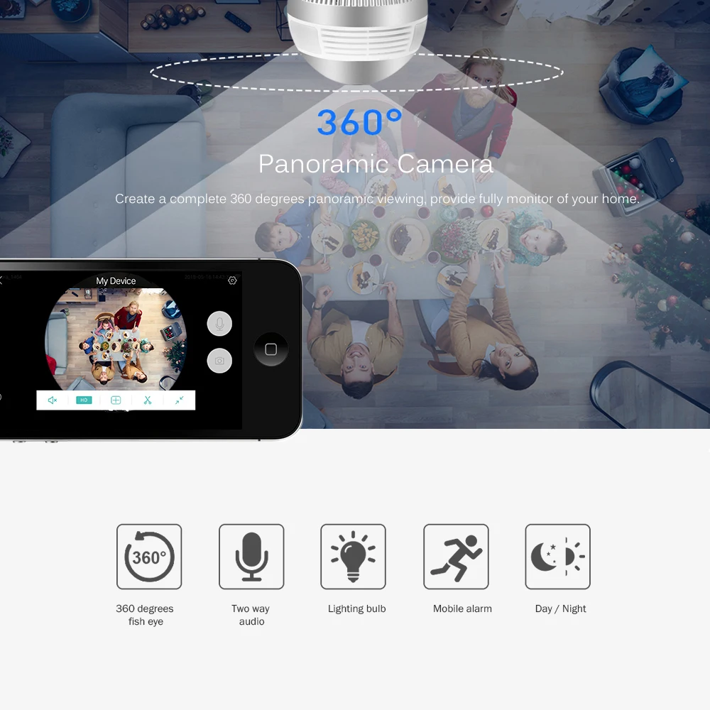 Hiseeu Лампочка Беспроводная IP-камера Wi-Fi FishEye 960P/3MP 360 градусов VR CCTV Домашняя безопасность Панорамная вкл.