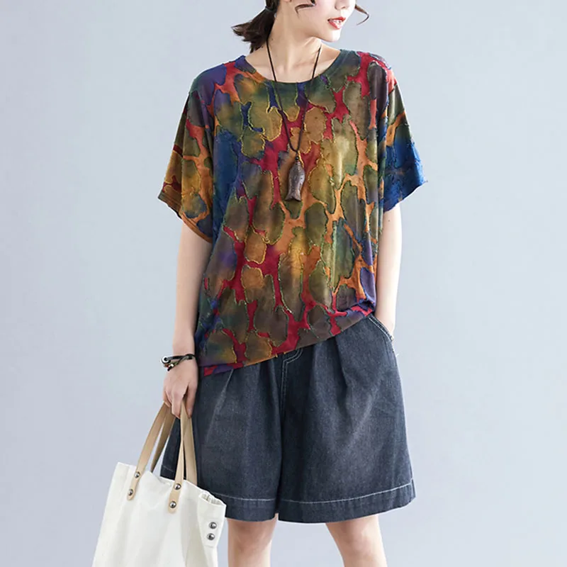 Pachwork свободная футболка большого размера в стиле ретро Женская 2019 летняя