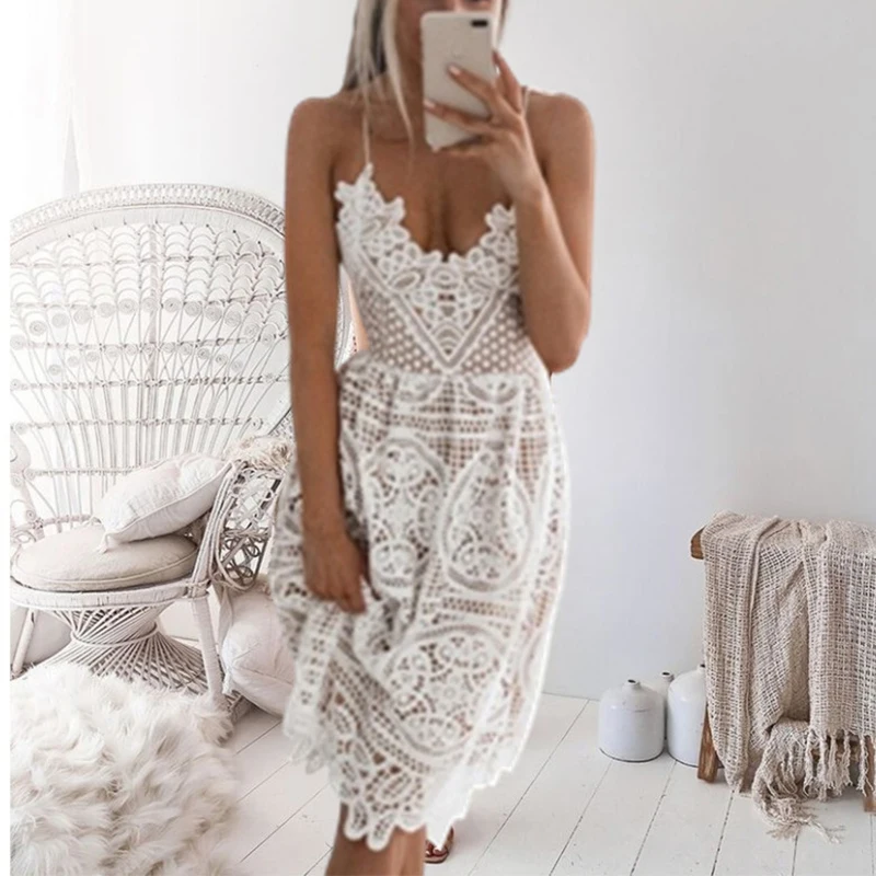 Women Summer Dress Sexy Party Deep V Neck Backless Lace Dresses Fashion Sleeveless Halter Bandage Midi | Женская одежда