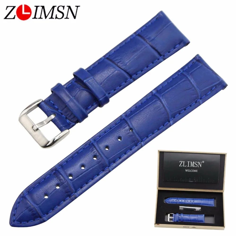 

ZLIMSN 12 14 16 18 20mm Italian Genuine Leather Watch Band Gold Black Silver Rose Gold Pin Buckle & Blue Crocodile Grain Strap