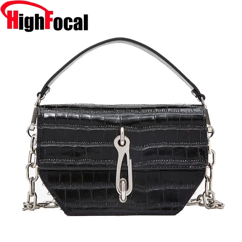 

Genuine Leather Saddle bag Crocodile Pattern Chain Shoulder bag Embossed Rivet Handbag Women Vintage Totes Bags 2019 New Fashion