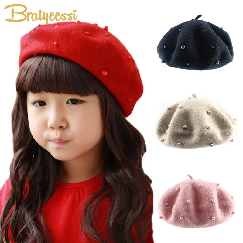 Fashion Wool Kids Hat with Pearls Candy Color Retro Baby Girl Cap Kids Beret Hats for Girls 2-6 Years 1PC