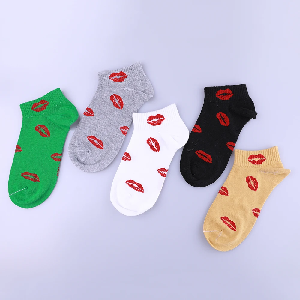 5 пар Хлопковые женские носки Харадзюку с красными губами забавные для девочек короткие женщин|Носки| |