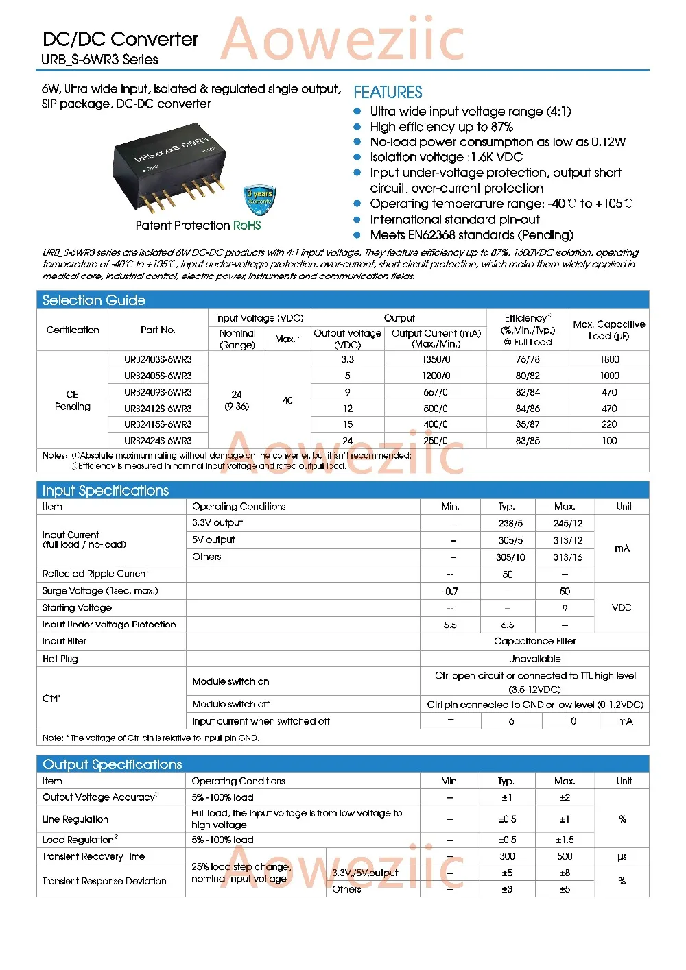 Aoweziic 2 шт./лот URB2405S 6WR3 6W URB2405 новый оригинальный SIP7 вход: 9 36 в выход: В 0.667A DC 1.6kV