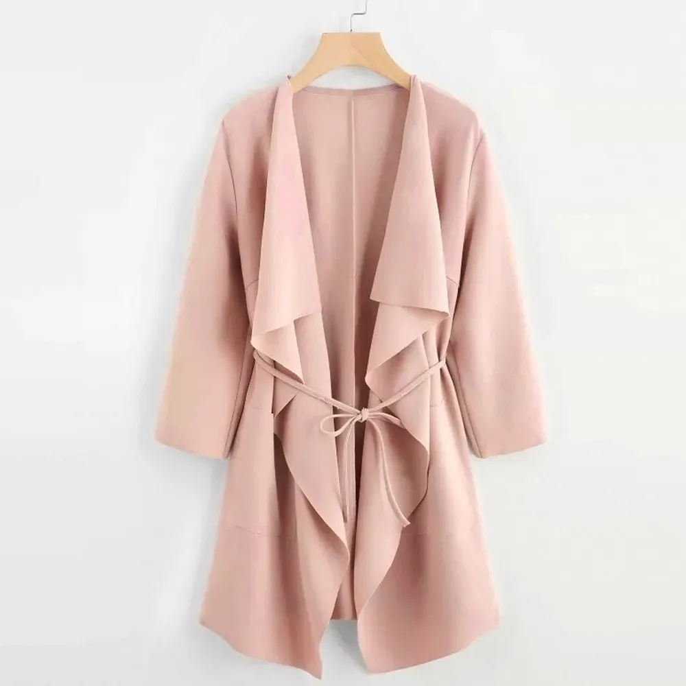 2019 Womens Coat New Fashion Casual Waterfall Collar Pocket Front Wrap Jacket Outwear gothic coat trench femme |