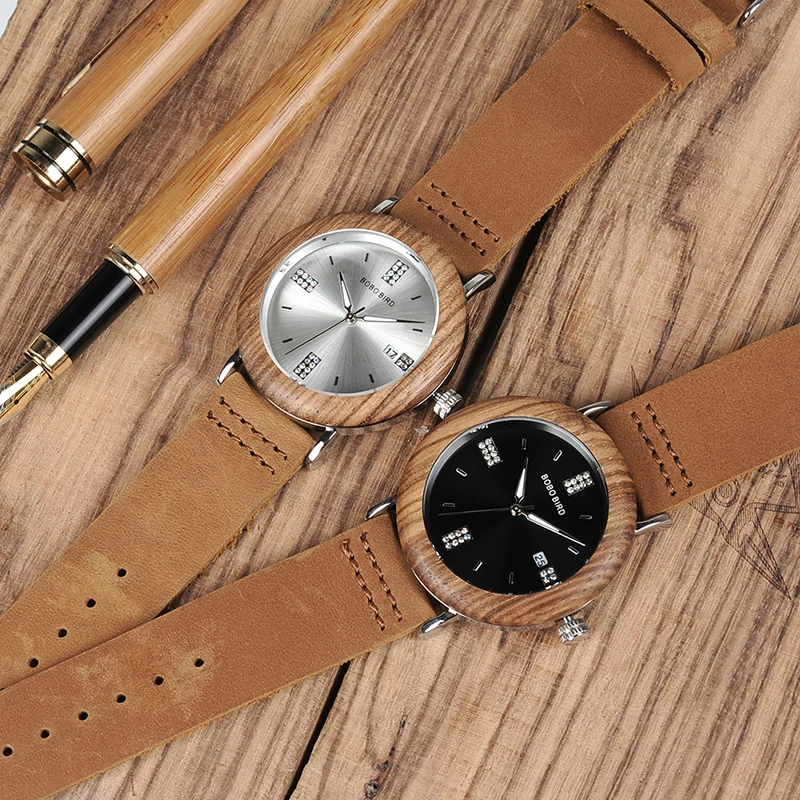 Часы BOBO BIRD с имитацией бриллианта кварцевые часы из нержавеющей стали кожаным