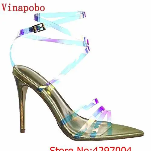 Vinapobo/женские босоножки; коллекция года; прозрачные женские босоножки из плексигласа на толстом каблуке с кристаллами; сезон лето; Прозрачный каблук; женская обувь; Sandalias - Цвет: as the picture
