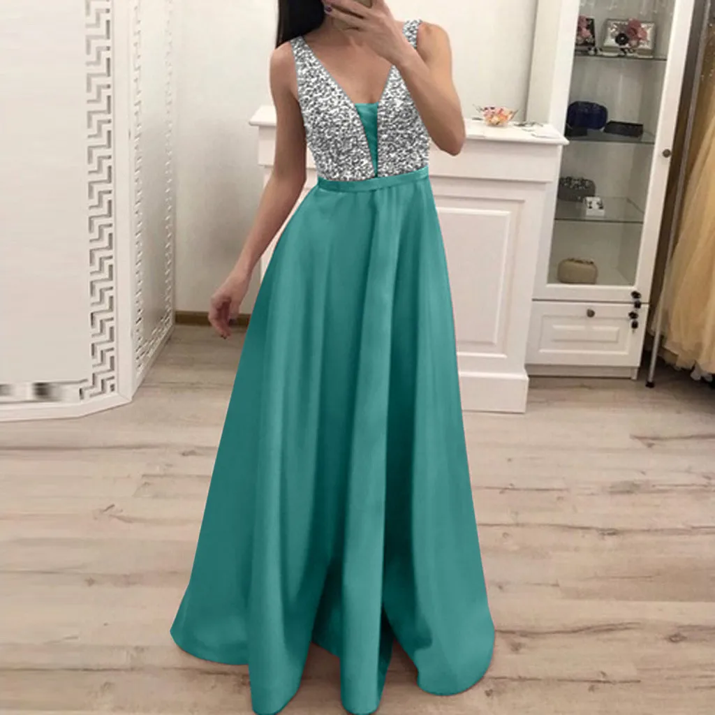 Женское летнее платье макси с блестками платья без рукавов V образным вырезом