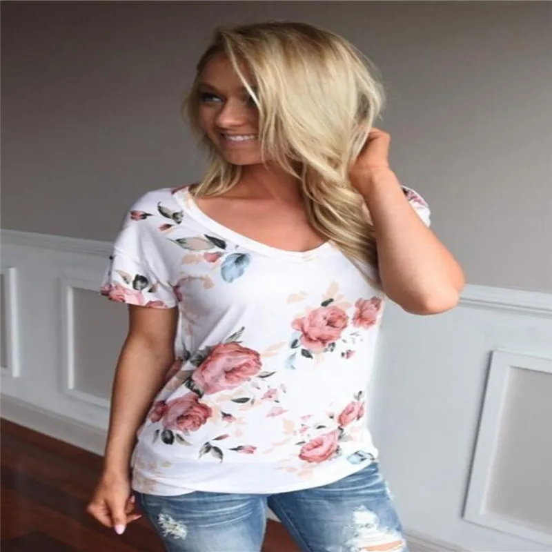 #5606 Для женщин v-образным вырезом короткий рукав с цветочным принтом Блузка