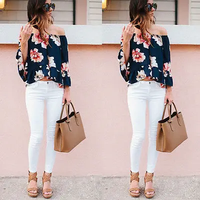 

Fashion Sexy Women Print Tops Off The Shoulder Casual Loose Long Sleeve Blouses Tops Blouse