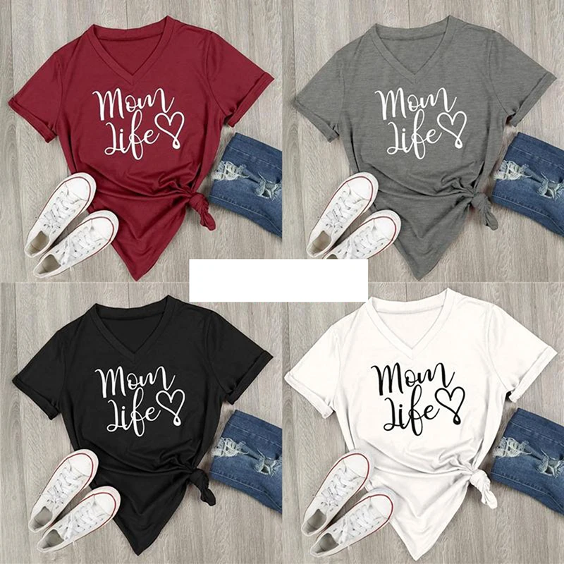 Женская Повседневная футболка с надписью Mom Life красная свободная v образным