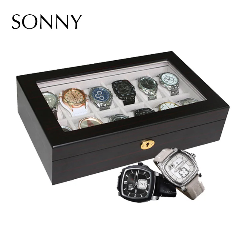 SONNY Wooden Watch Box 12 Slots Display Storage Organizer Case Large Glass Top with Metal Lock | Наручные часы